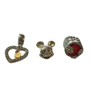 Silver Bling Heart Mouse Silver Pink Flower 3 Bracelet Charm Set NEW